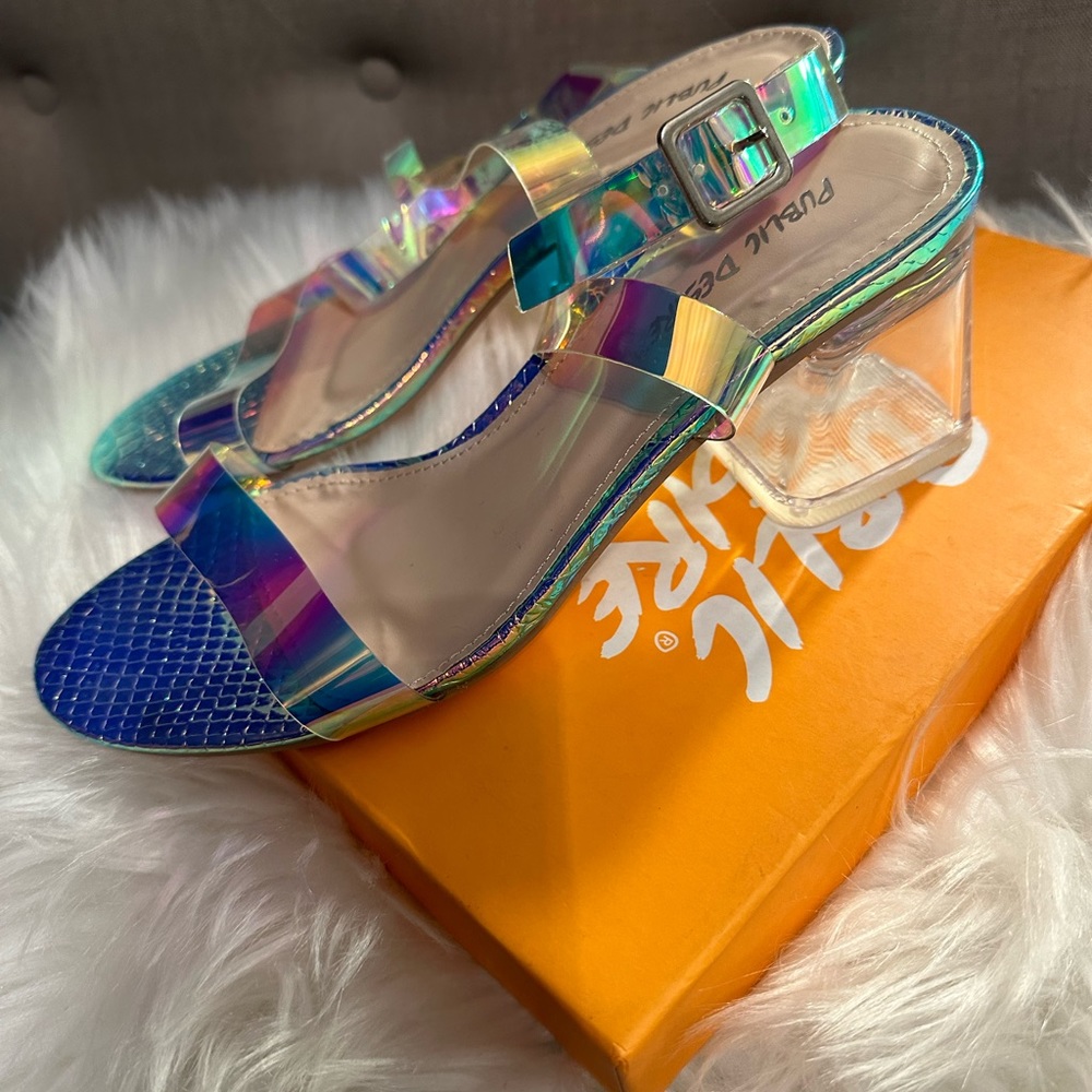 Public Desire Afternoon Block Heeled Sandal In Iridescent Croc Size 7